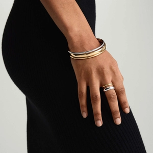 Minimalist 18k gold and silver two-tone stainless steel open ring and cuff bracelet set