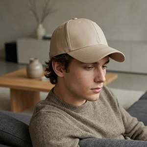 Classic beige matte leather baseball cap for men and women shown on a model