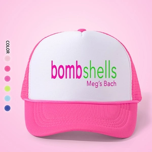 Pink and white mesh trucker hat with colorful Bombshells text print and snapback strap