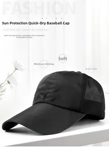 Detail of black quick-dry mesh cap showing breathable side panels and fine visor stitching