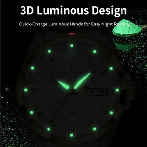 Poedagar men's quartz watch featuring luminous hands and dual calendar display on dark dial