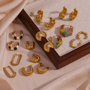 Collection of vintage 18K gold-plated titanium steel earrings with enamel and zircon details