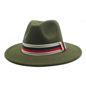 Classic dark green wool fedora with retro striped ribbon band for men and women