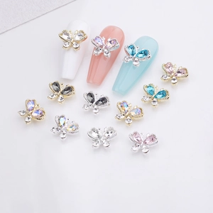 3D colorful butterfly nail alloy charms with rhinestones and metal bases for luxury DIY art