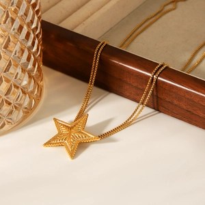 Luxurious gold pentagram pendant necklace with textured star on premium box chain