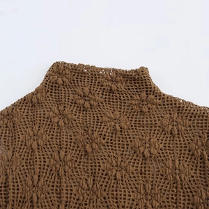 Brown crochet lace high-neck top featuring intricate hollow-out mesh texture on white background