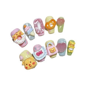 Cute cartoon 3D butter bear press-on nails set with colorful macaron handmade designs