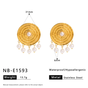 Gold stainless steel textured disc earrings with pearl tassels, waterproof and hypoallergenic
