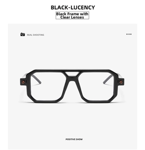 Front view of black double-bridge square sunglasses with clear transparent lenses
