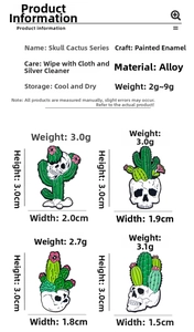 Detailed size chart for punk style skull cactus enamel pins with alloy dimensions