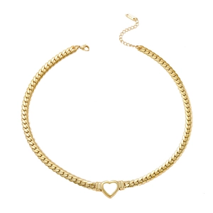 Elegant gold Cuban chain necklace featuring a hollow heart pendant and K18 metal tag