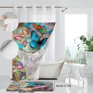 Waterproof double-layer shower curtain and non-slip floor mat set with blue butterfly print