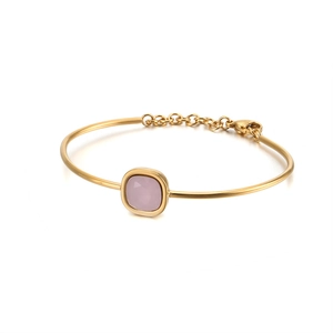 Minimalist 18k gold plated stainless steel bangle with pink square zircon and chain