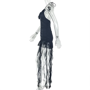 Detail of black halter dress with ruched fabric and sheer asymmetrical mesh hemline