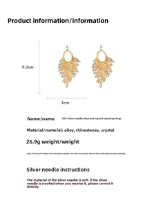 Detail view of crystal tassel earrings showing dimensions 9.3cm by 3cm and 26.9g weight