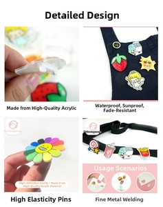Detail of waterproof acrylic cartoon pins showing strawberry, sun and flower shapes