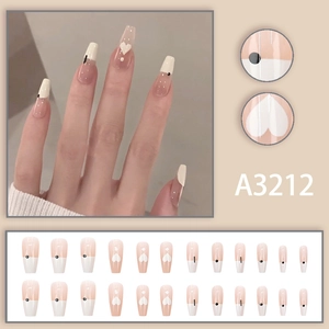 French style long trapezoid press-on nails in nude pink and white with heart patterns