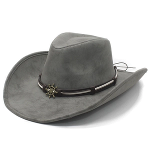 Vintage grey faux suede western cowboy hat with brown leather band and gold anchor buckle