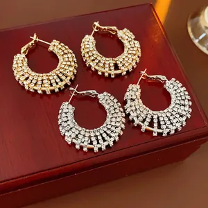 Circular Rhinestone Hoop Earrings With Silver Earring Post Copper Pave Luxury Fashion Jewelry For Women