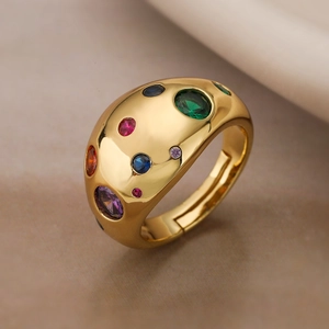 Retro gold plated domed ring with colorful zircon gemstones in a polished finish