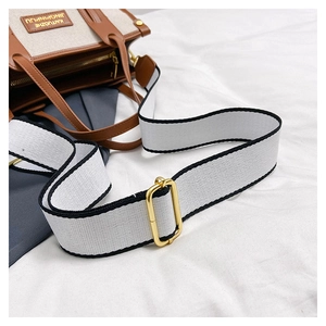 Detail of color-block canvas tote bag with brown leather trim and wide shoulder strap