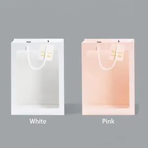 Minimalist white and pink rectangle gift bags with large transparent windows and rope handles