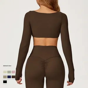 Ensemble de yoga femme manches longues et legging taille haute gainant marron foncé