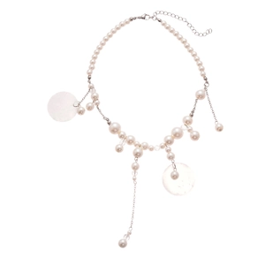 Boho beach pearl necklace with shell tassel pendants on a clean white background