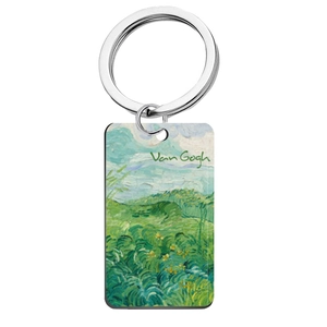 Square stainless steel keychain featuring Van Gogh's Wheat Field and Cypresses painting