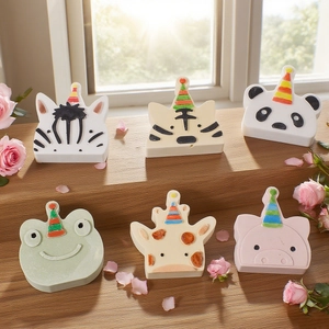 Set of 6 cartoon animal molds including zebra, tiger, and panda with festive party hats