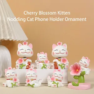 Lucky Cat Figurine Resin Cherry Blossom Maneki Neko Cute Cartoon Desk Decor Phone Holder Stand Bobbing Head Ornament