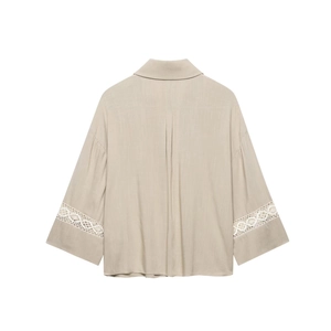 Beige cotton linen long sleeve shirt with lace cutout embroidery on sleeves back view