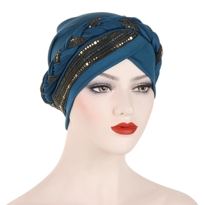 Deep teal sequined turban hat for women with elegant braided band and golden accents