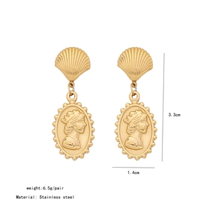 Detail view of vintage gold stainless steel earrings with shell top and oval cameo pendant