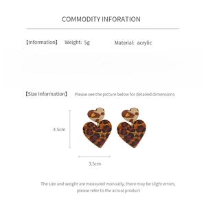 Detailed size and specs for leopard print acrylic heart earrings with 925 silver needles