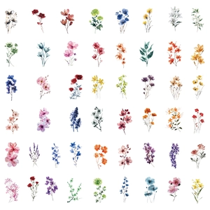 50pcs waterproof ink floral stickers with 48 creative watercolor plant designs for DIY