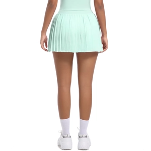 Back view of mint green high-waisted pleated tennis skirt for fitness and sports