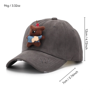 Distressed dark grey baseball cap with cute plush bear and vintage torn details