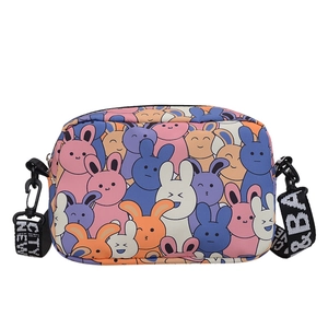 Cute cartoon rabbit print crossbody bag with stylish wide logo letter shoulder strap