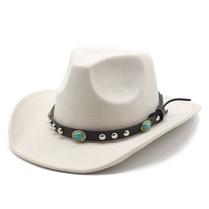 Close-up of beige suede cowboy hat featuring a black leather band with turquoise stones
