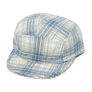 Detail view of the 5-panel camper hat featuring blue and white plaid fabric and flat brim