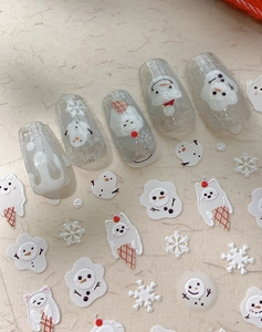 Detail showing 3D embossed snowman nail stickers and silver glitter press-on nails
