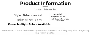 Detailed size chart for outdoor bucket hat with 7cm brim and 55-59cm circumference