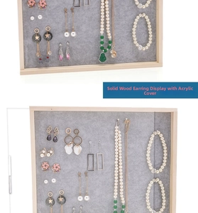 Solid wood jewelry organizer with acrylic sliding lid and gray velvet earstud lining