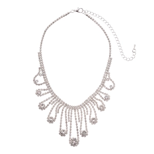Luxurious silver tassel necklace set with geometric sparkling rhinestones and crystal fringes