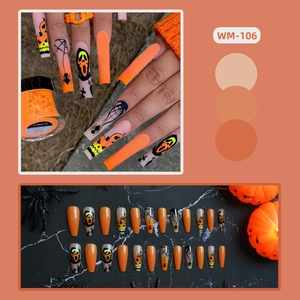 Halloween long T-shape press-on nails set with orange pumpkin and black spider web patterns