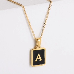 Square Initial Pendant Necklace Stainless Steel 18K Gold Plated Black Enamel Minimalist Retro Jewelry For Women