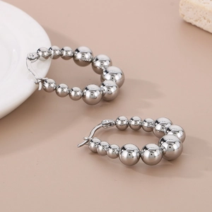 Polished silver bead hoop earrings with minimalist U-shaped geometric gradient design