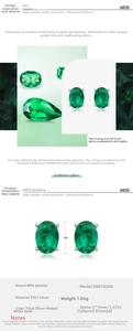 Detail view of oval emerald studs in S925 silver with 5x7mm stones and specifications