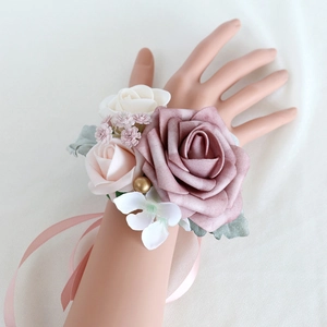 Wedding Wrist Corsage Artificial Rose Satin Flower Bracelet For Bridesmaid Prom Party Decor Ribbon Decoration